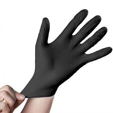 Hand wearing a black 5 mil nitrile examination glove