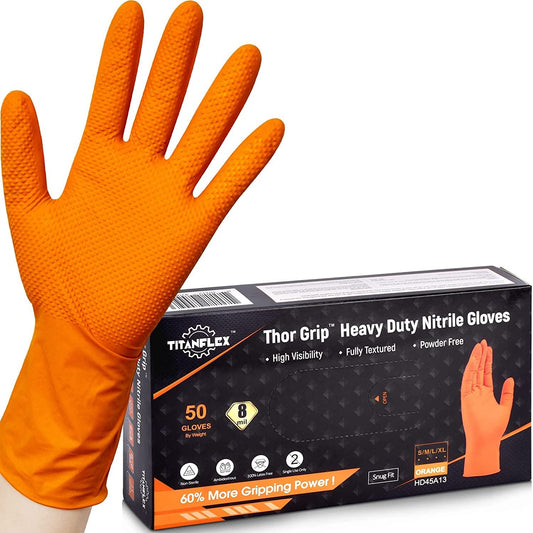 Hands wearing orange 8 mil industrial nitrile gloves, alternate view 2