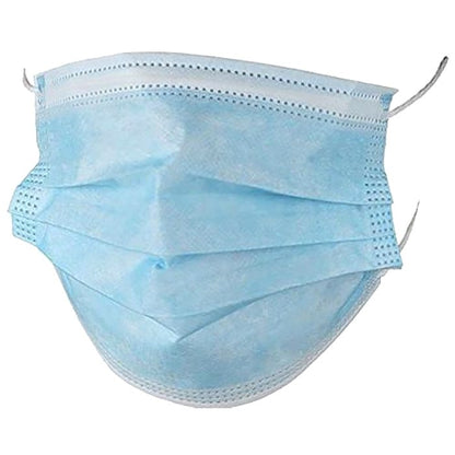 Man wearing a blue disposable 3-ply face mask, 10,000-mask bulk lot, alternate view 3