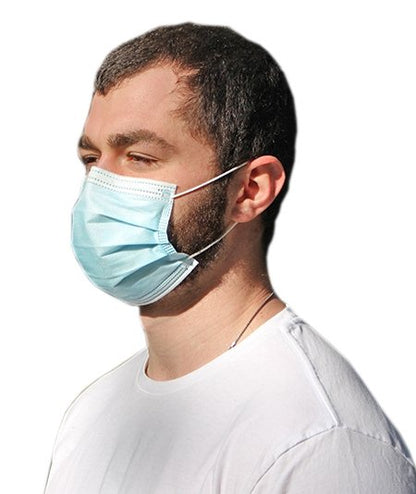 Man wearing a blue disposable 3-ply face mask, 10,000-mask bulk lot, alternate view 2