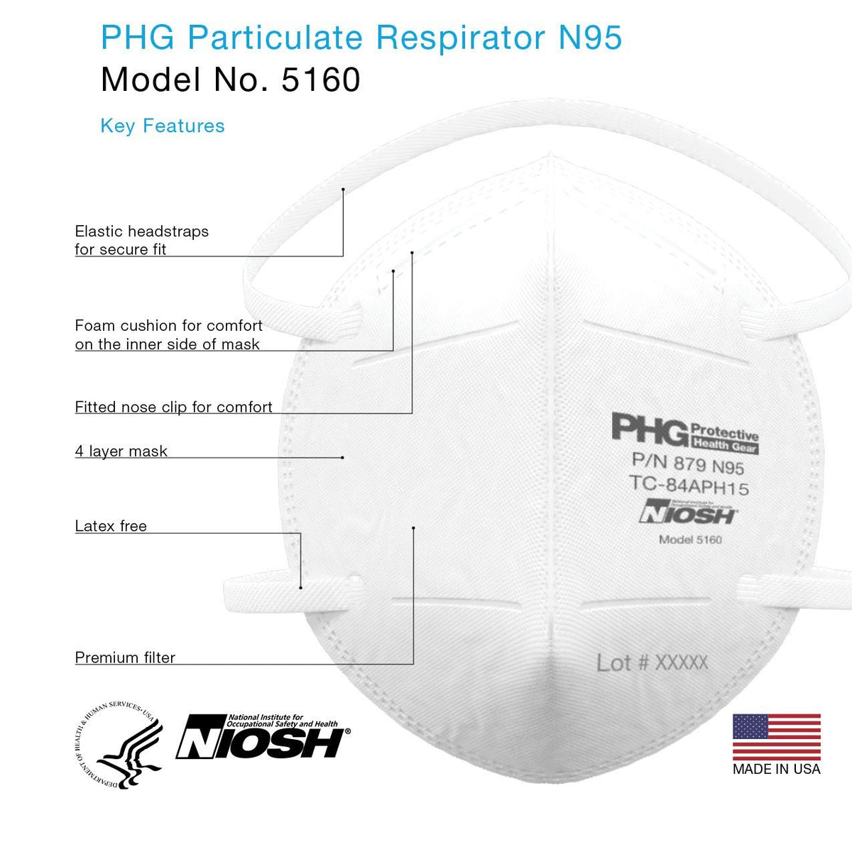 White PHG model 6150 N95 particulate respirator, 50 pack, alternate view 4